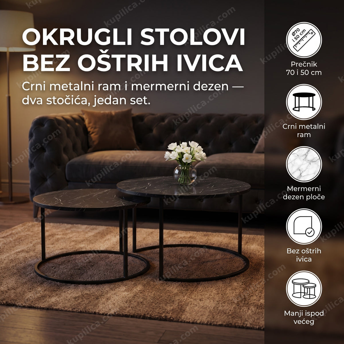 dva okrugla klub stola sa crnim okvirom i mermernim dezenom uveče u dnevnoj sobi