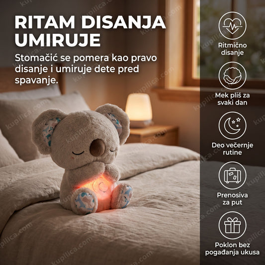 Plišana koala igračka koja diše na krevetu uveče, prikaz benefita proizvoda