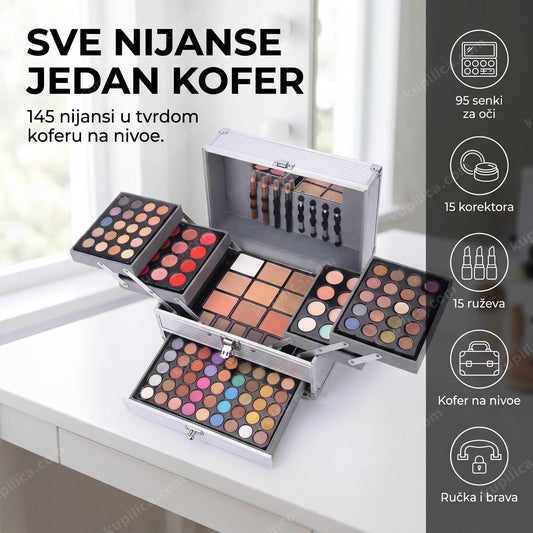 kofer sa šminkom miss rose — žena bira senke iz otvorenog kofera sa 145 nijansi za šminkanje
