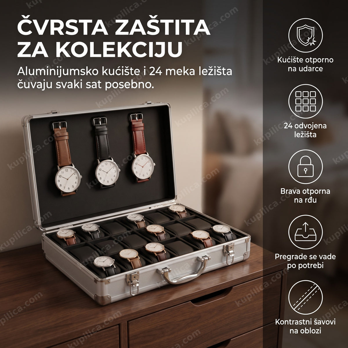 kofer za satove sa aluminijumskim kućištem i satovima u pregradama