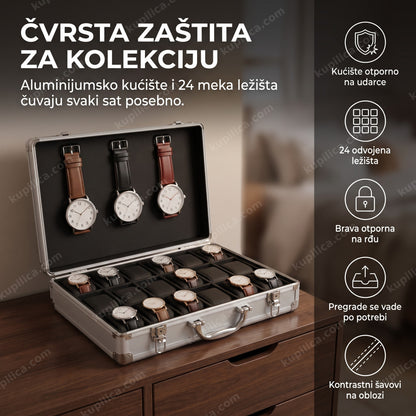 kofer za satove sa aluminijumskim kućištem i satovima u pregradama