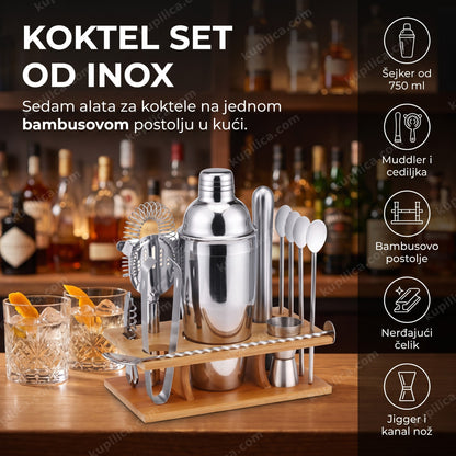 Koktel set od inox na bambusovom stalku na kućnom šanku sa čašama