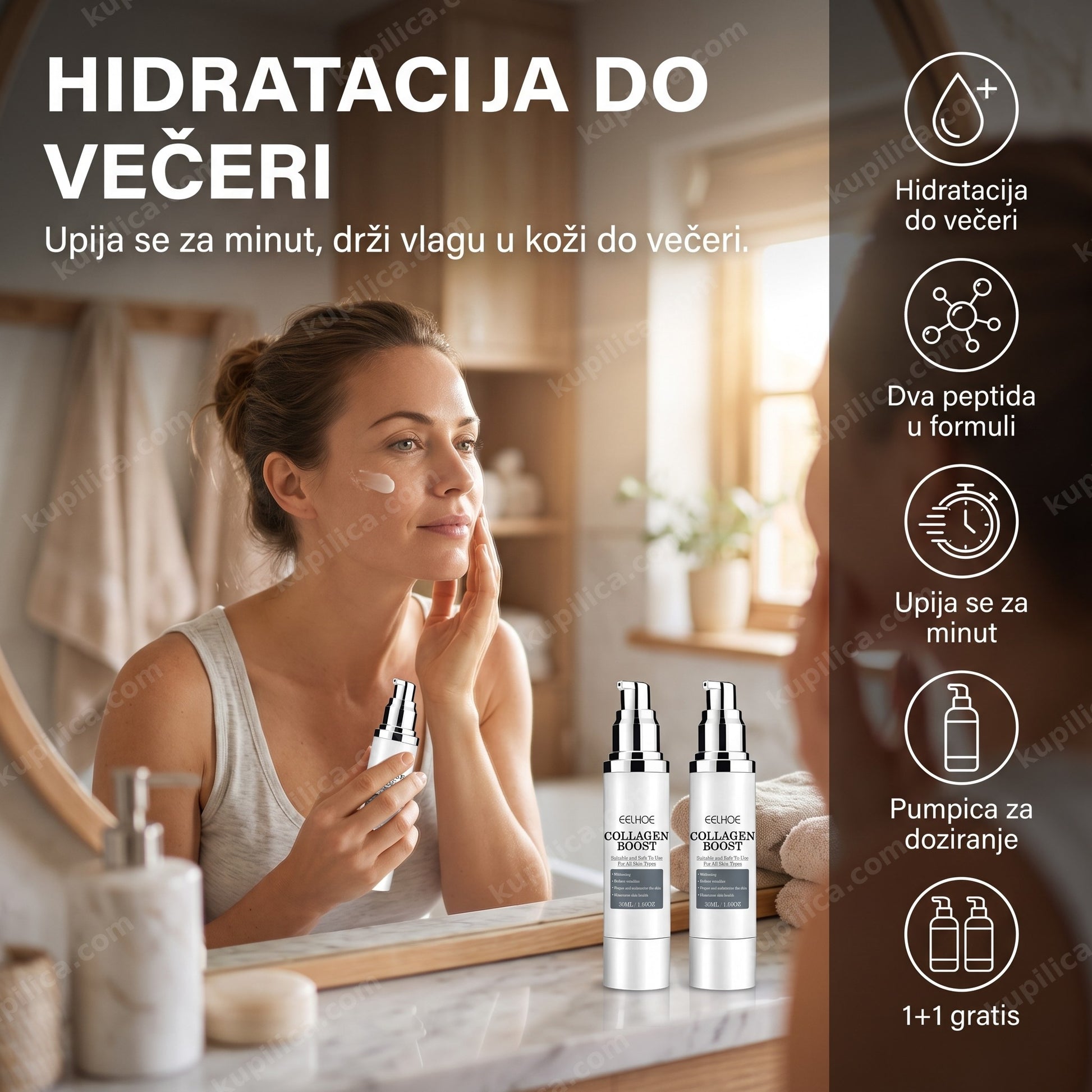 kolagen serum za lice sa peptidima — žena nanosi serum pumpicom na lice ispred ogledala u kupatilu