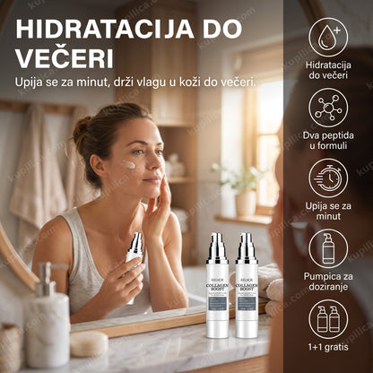 kolagen serum za lice sa peptidima — žena nanosi serum pumpicom na lice ispred ogledala u kupatilu