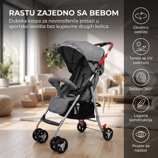 kolica za bebe 2u1 sa okretnim sedištem u dnevnoj sobi, tenda otvorena