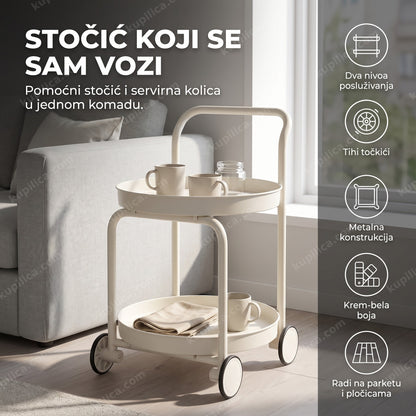 krem-bela kolica za serviranje sa točkićima u dnevnoj sobi