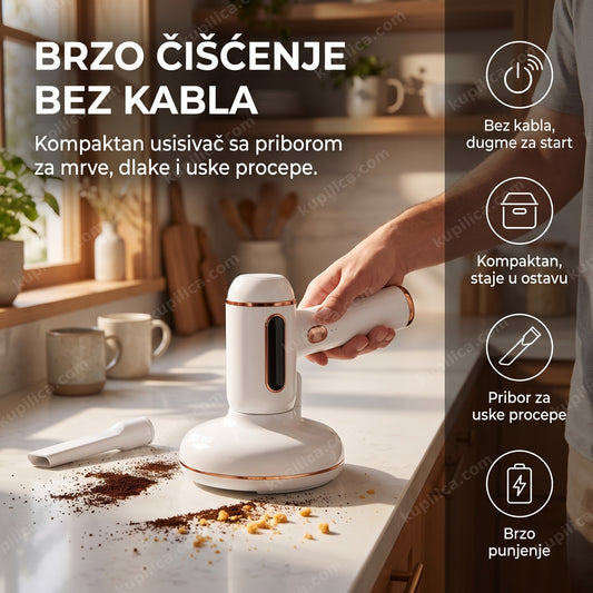 bežični kompaktan usisivač sa priborom čisti mrve na kuhinjskom pultu, benefiti proizvoda