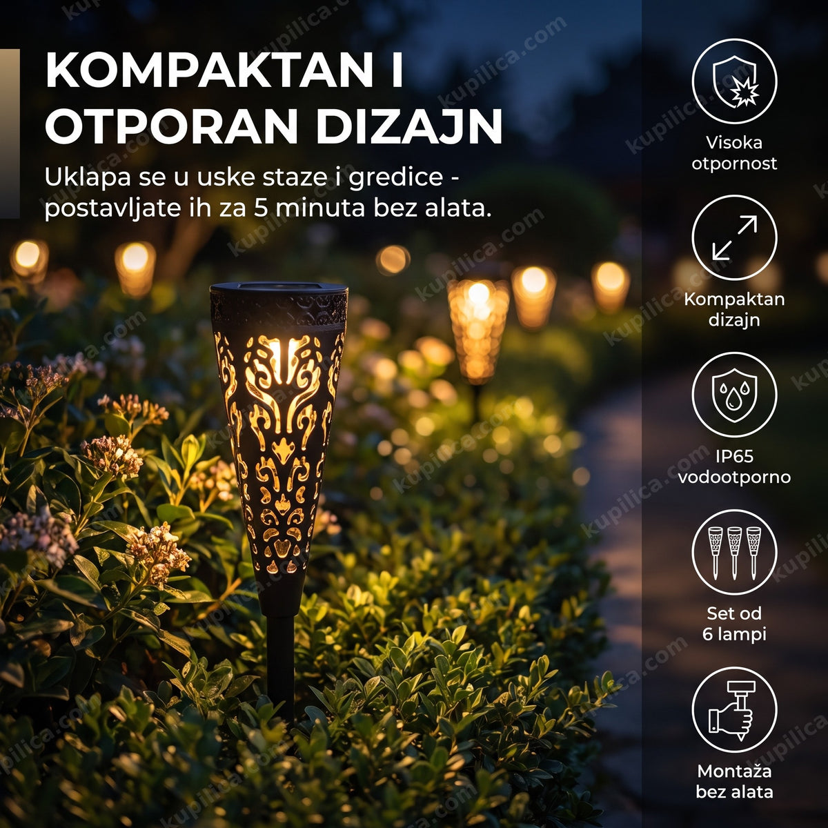 Kompaktne solarne lampe za baštu među zelenim žbunjem noću, benefiti proizvoda
