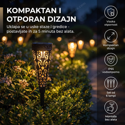 Kompaktne solarne lampe za baštu među zelenim žbunjem noću, benefiti proizvoda