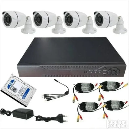 četiri kamere, DVR uređaj, hard disk, napajanje i kablovi za komplet video nadzora