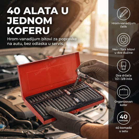 komplet alata za auto 40 komada otvoren u garaži pored haube, benefiti proizvoda