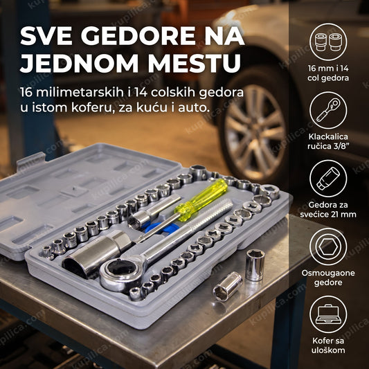 komplet gedora 40 delova na metalnom radnom pultu u garaži, benefiti proizvoda