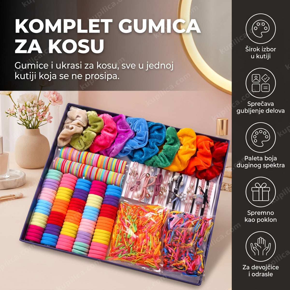Otvorena kutija sa kompletom gumica i ukrasa za kosu na toaletnom stočiću, benefiti proizvoda