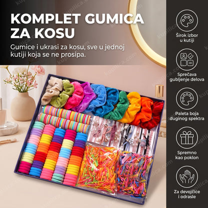 Otvorena kutija sa kompletom gumica i ukrasa za kosu na toaletnom stočiću, benefiti proizvoda