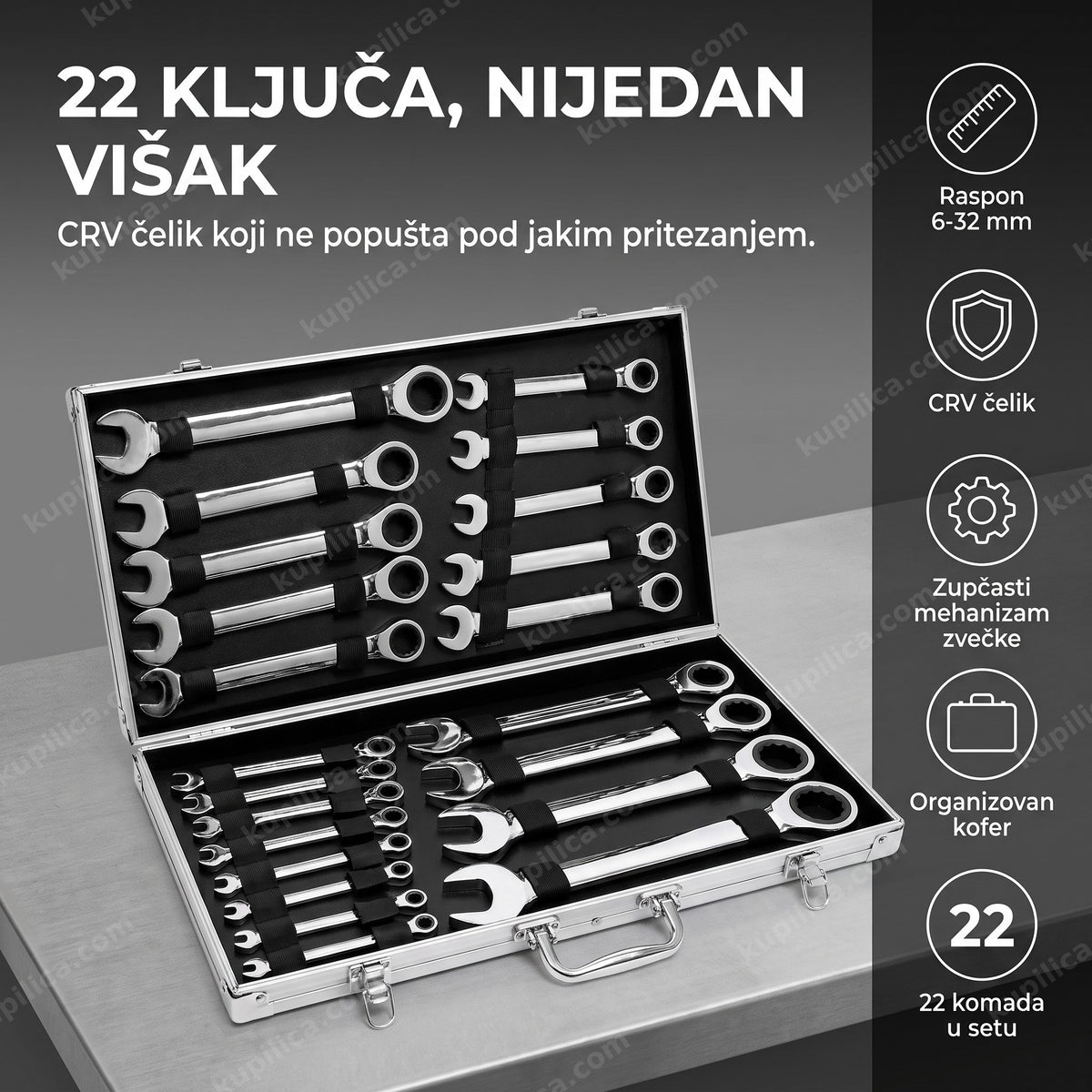 komplet od 22 ključa sa zvečkom u otvorenom aluminijumskom koferu