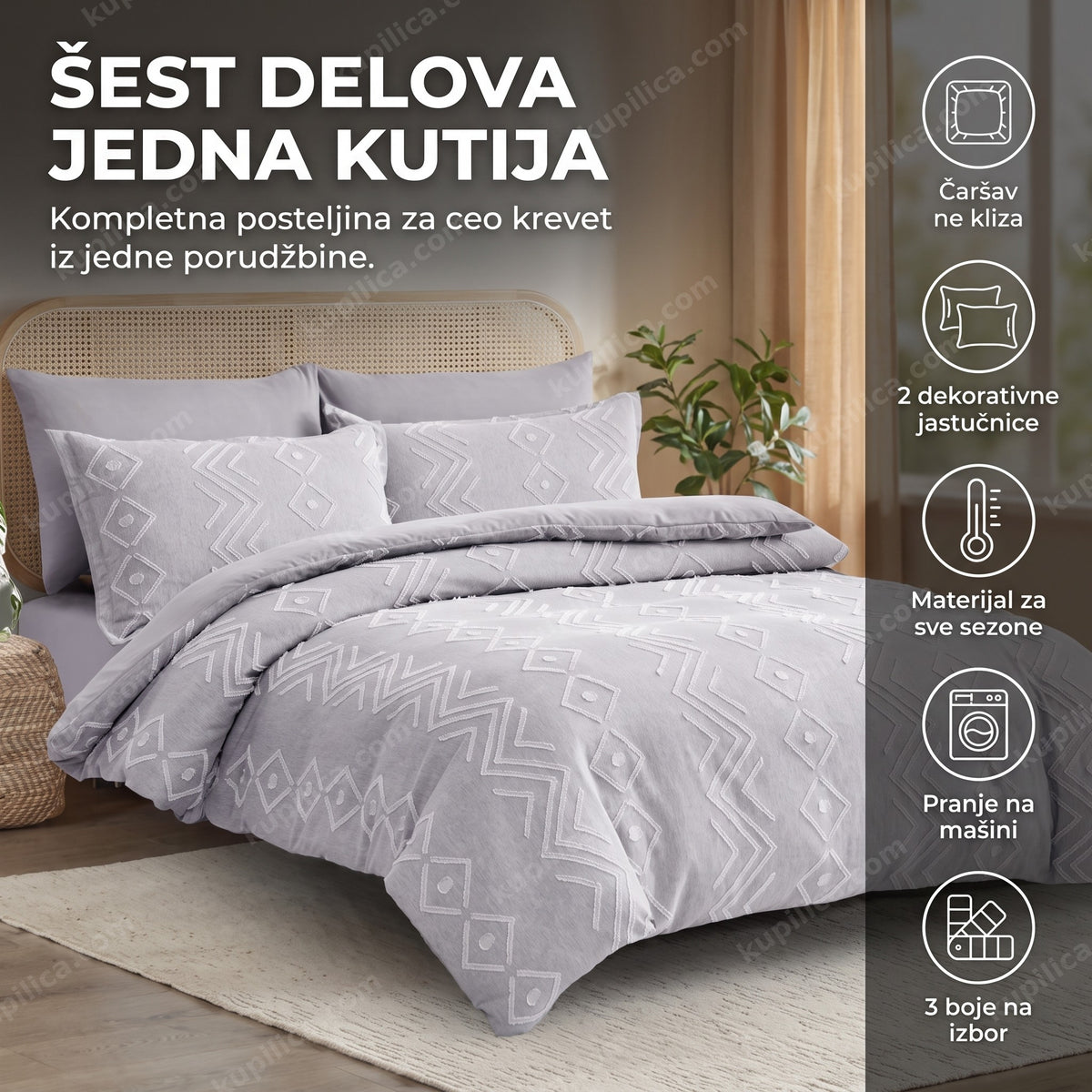 komplet posteljine 6 delova sa dekorativnim jastučnicama u sivoj boji na krevetu, benefiti proizvoda