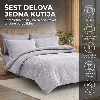 komplet posteljine 6 delova sa dekorativnim jastučnicama u sivoj boji na krevetu, benefiti proizvoda