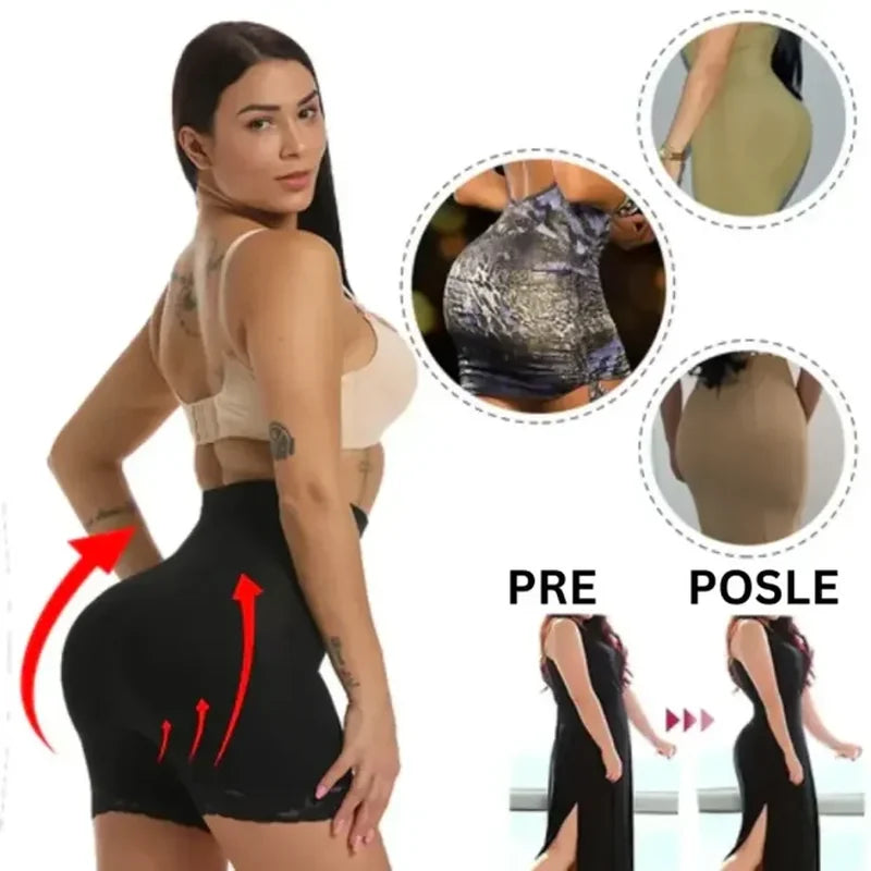 kompresioni šorc za stomak i butine na modelu, prikaz efekta pre i posle