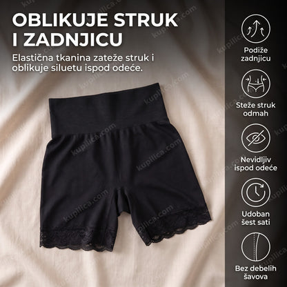 crni kompresioni šorc za oblikovanje tela postavljen na bež podlozi
