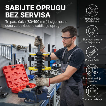 kompresor opruga macpherson na amortizeru automobila u radionici, benefiti proizvoda