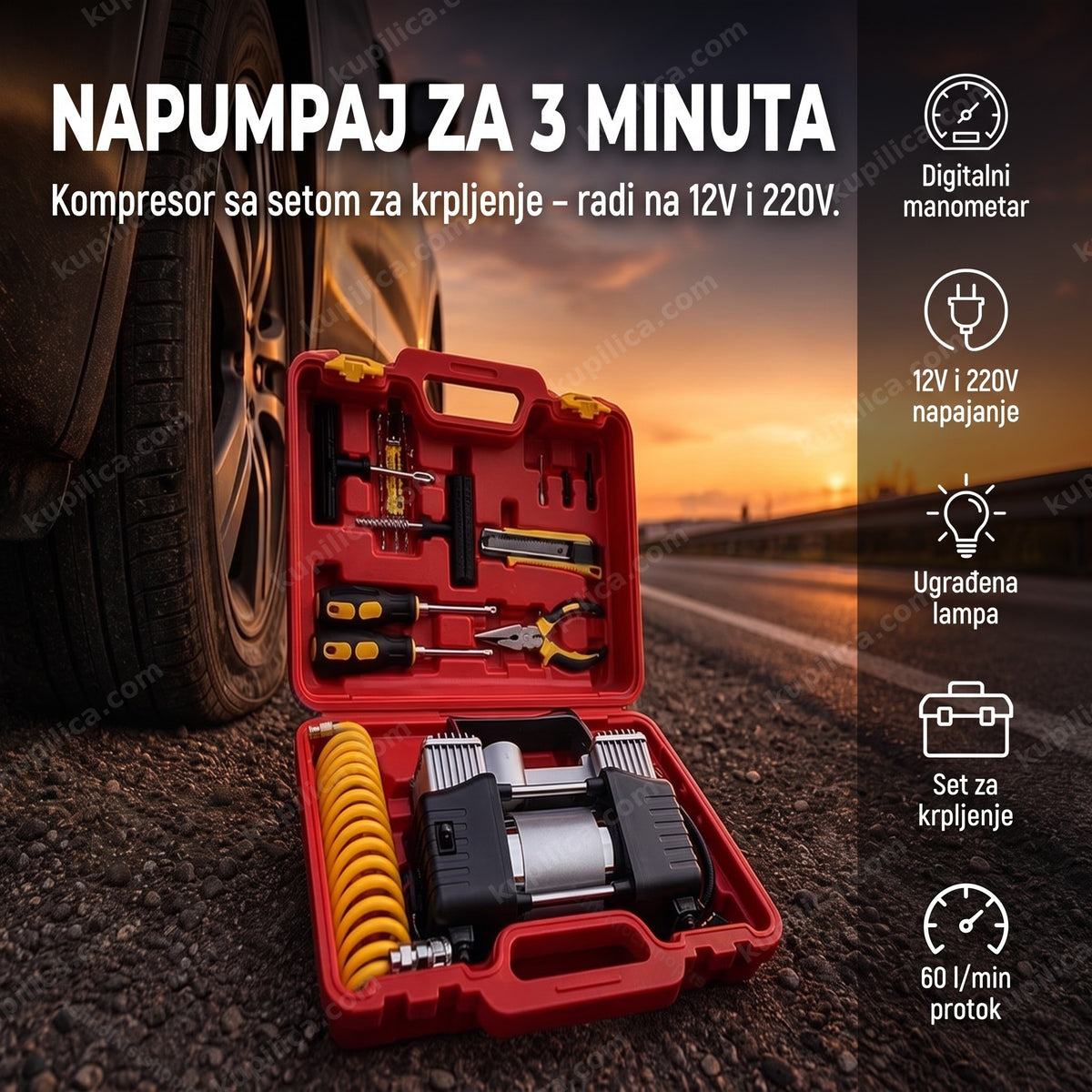 kompresor za gume sa setom za krpljenje u otvorenom koferu pored automobila