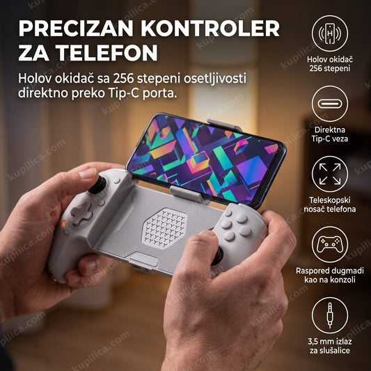 Kontroler za telefon u rukama odrasle osobe sa apstraktnom igrom na ekranu, benefiti proizvoda