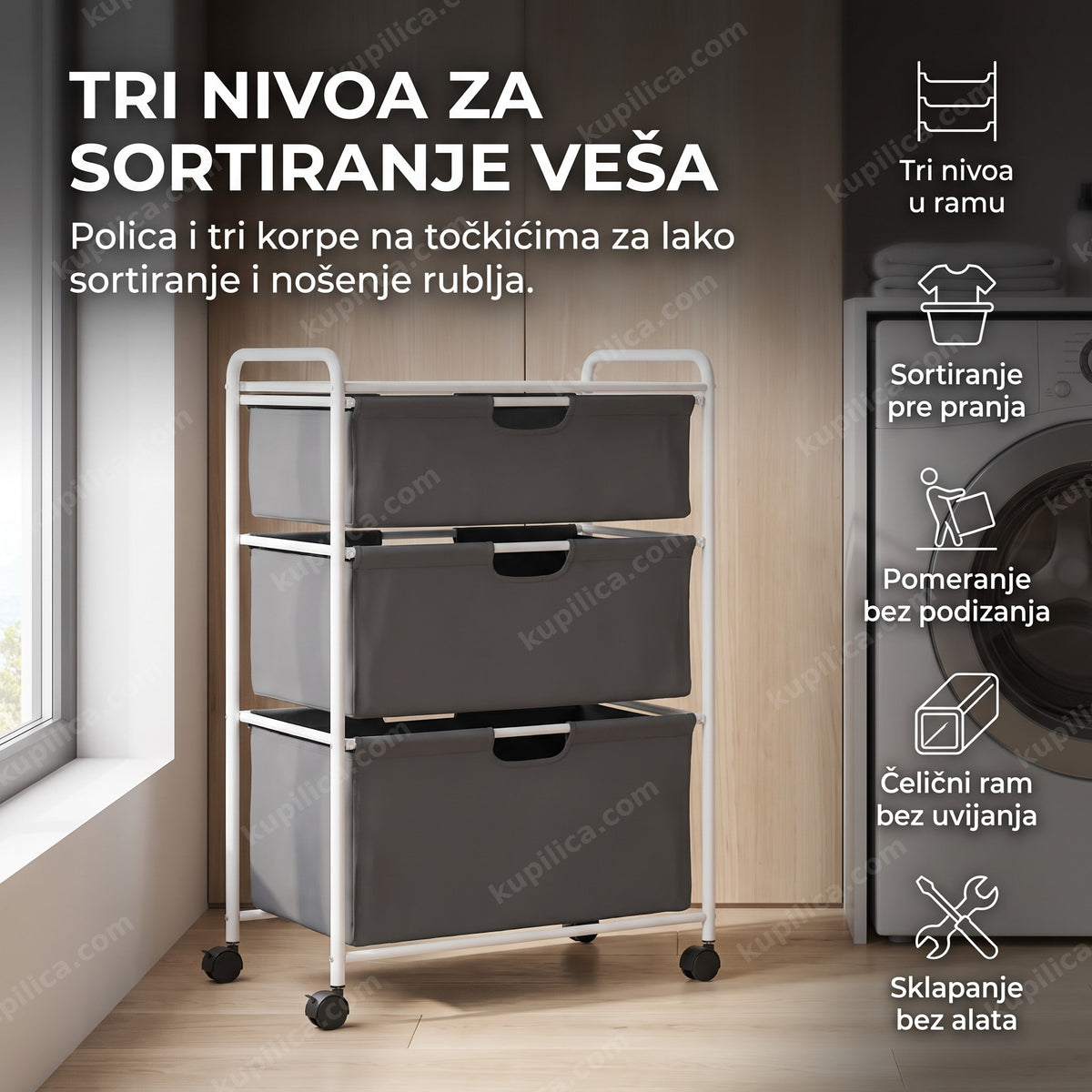bela korpa za veš sa stalkom na točkićima pored mašine za pranje