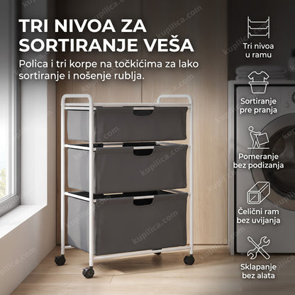 bela korpa za veš sa stalkom na točkićima pored mašine za pranje