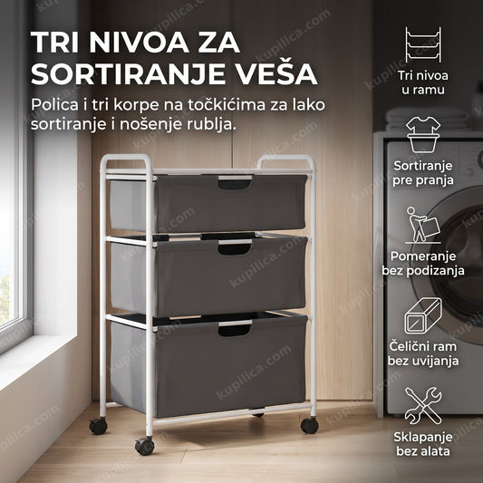 bela korpa za veš sa stalkom na točkićima pored mašine za pranje