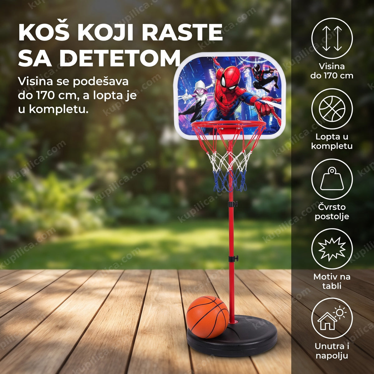 koš za košarku spajdermen sa narandžastom loptom na terasi u popodnevnom suncu