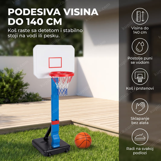 plavo-beli košarkaški koš za decu sa podesivom visinom u dvorištu