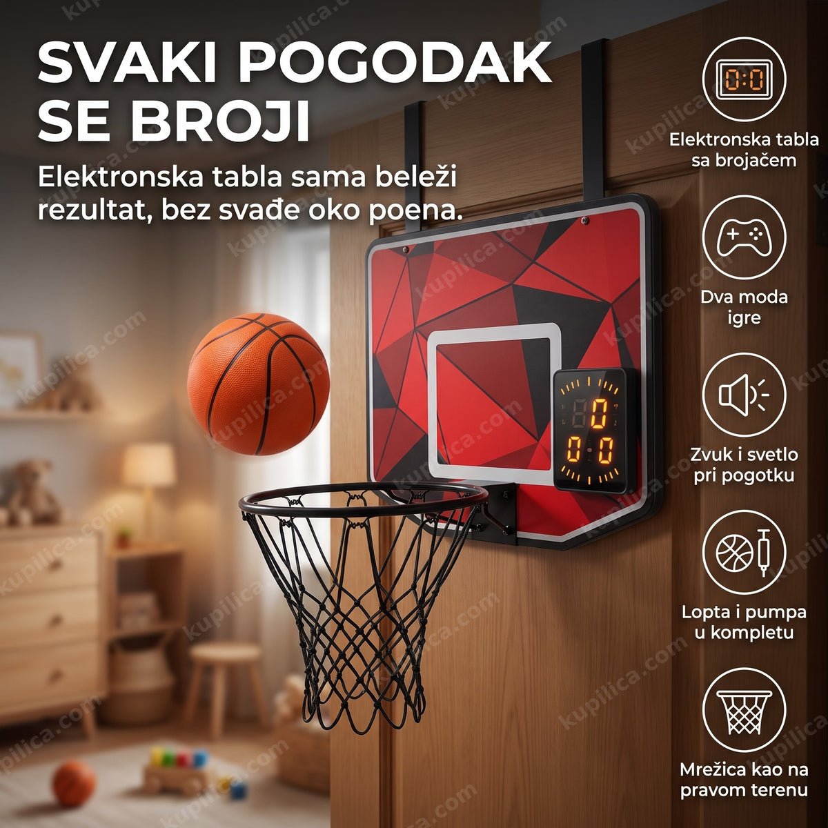 elektronski košarkaški koš za vrata sa brojačem poena u dečijoj sobi