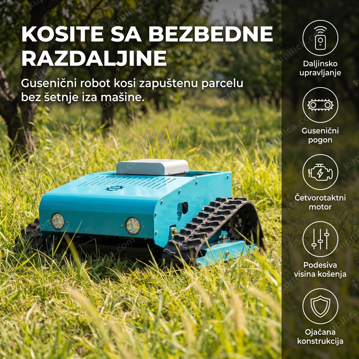 tirkizna gusenična kosilica na daljinski upravljač na zapuštenoj travi