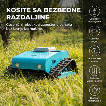tirkizna gusenična kosilica na daljinski upravljač na zapuštenoj travi