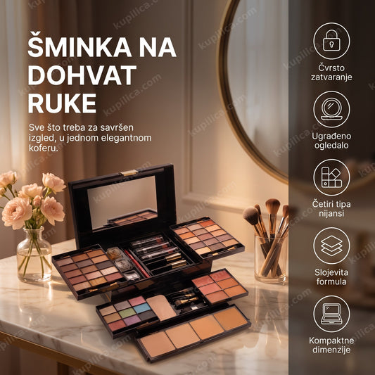 Otvoren crni kozmetički kofer sa šminkom i ogledalom na toaletnom stočiću, benefiti proizvoda