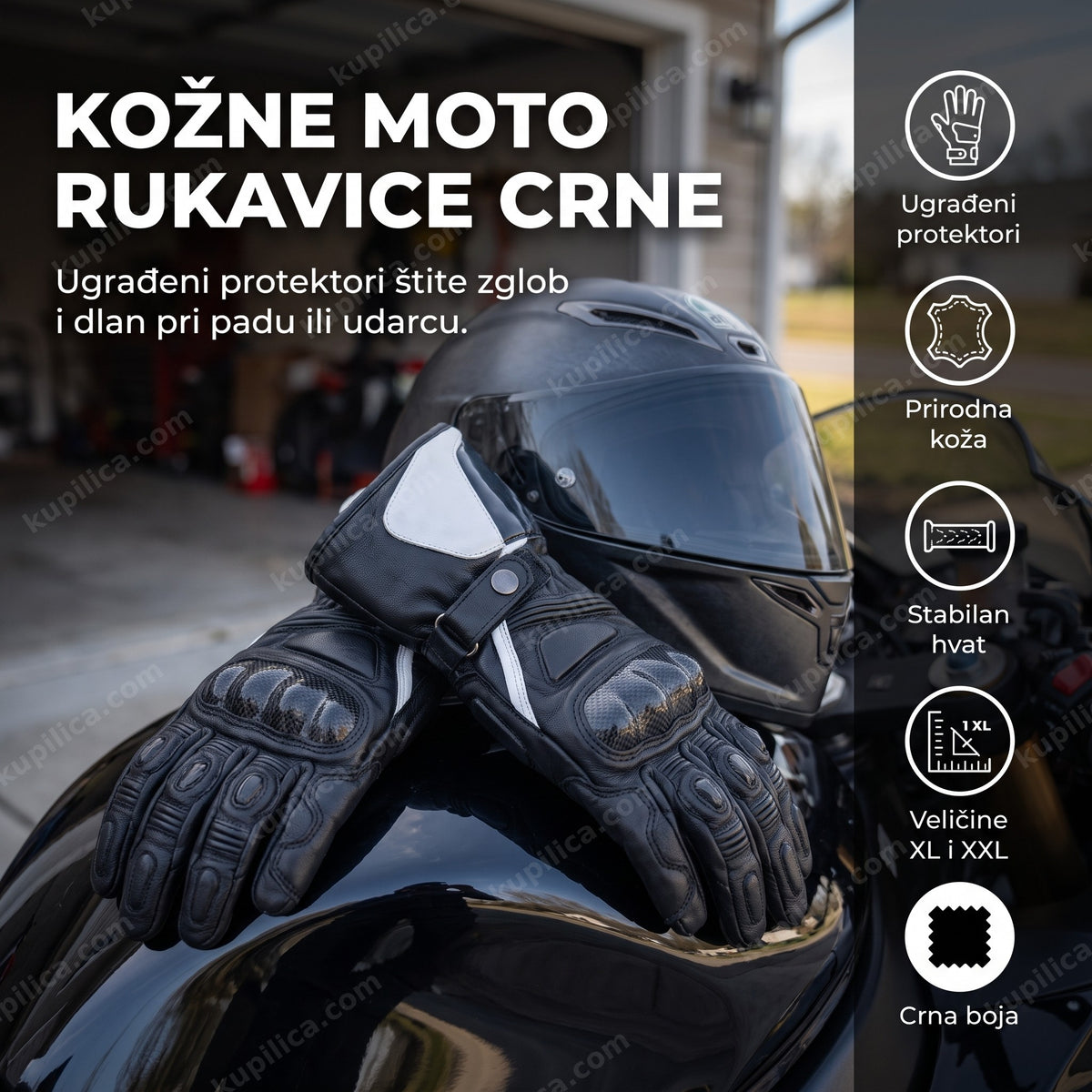 Crne kožne moto rukavice na rezervoaru motora pored kacige, benefiti proizvoda