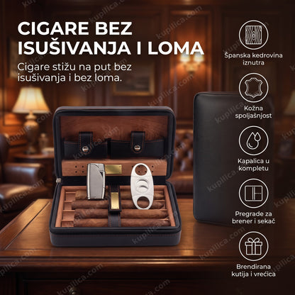 kožni humidor set za putovanje sa cigarama na stolu — benefiti proizvoda