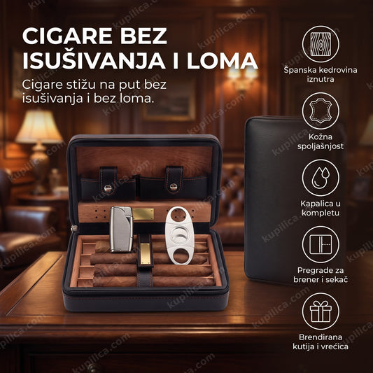 kožni humidor set za putovanje sa cigarama na stolu — benefiti proizvoda