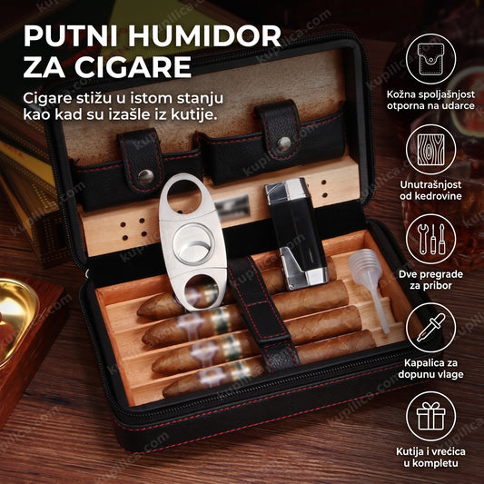 crni kožni humidor za cigare otvoren sa cigarama na elegantnom stolu, benefiti proizvoda