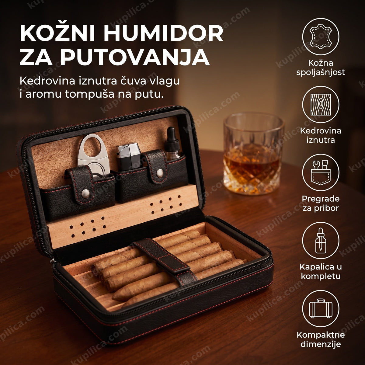 crni kožni putni humidor za tompuše otvoren sa priborom