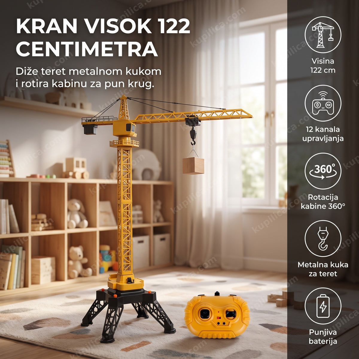veliki kran na daljinsko upravljanje u dečjoj sobi diže teret, benefiti proizvoda