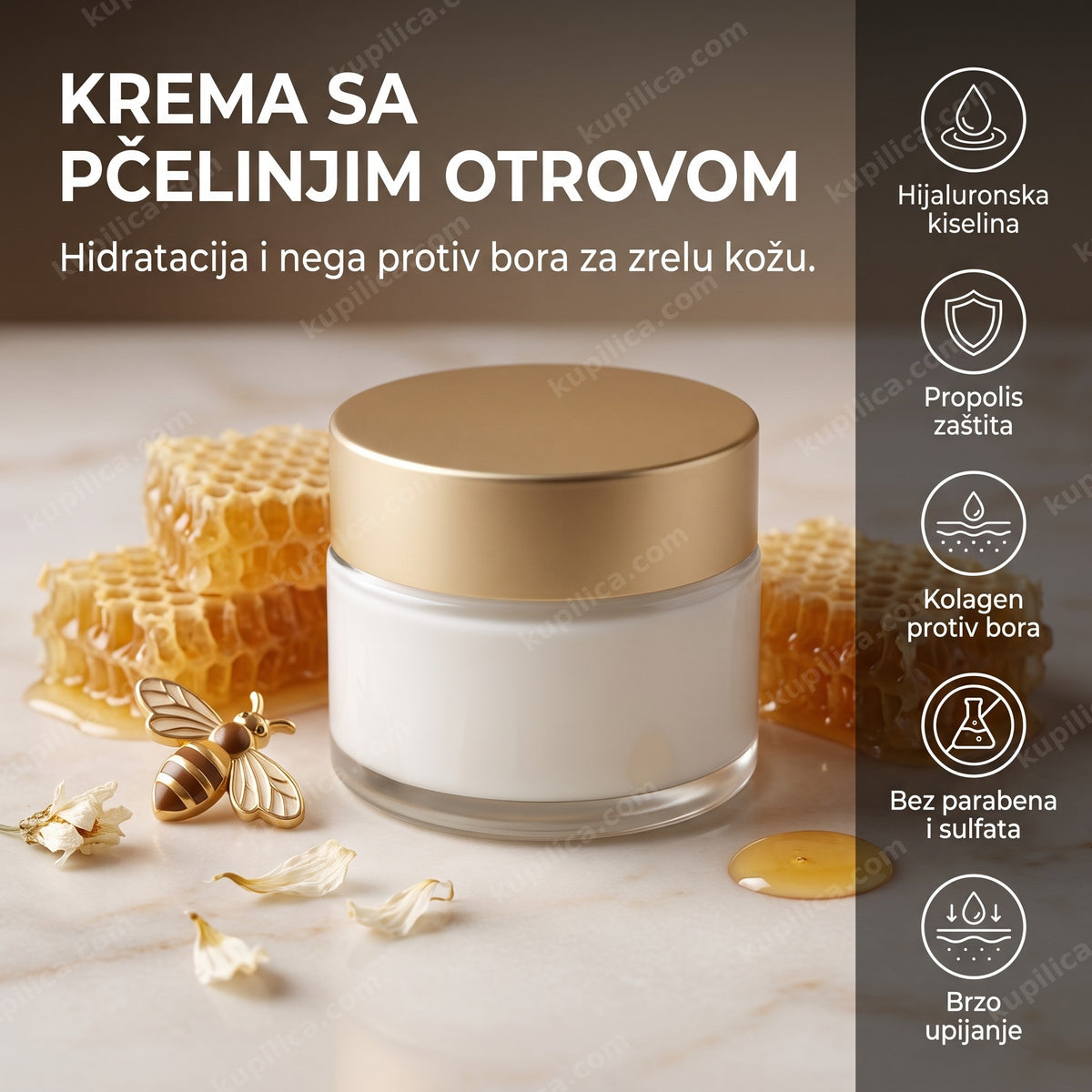 Teglica kreme sa pčelinjim otrovom pored saća i pčelinjeg motiva, benefiti proizvoda