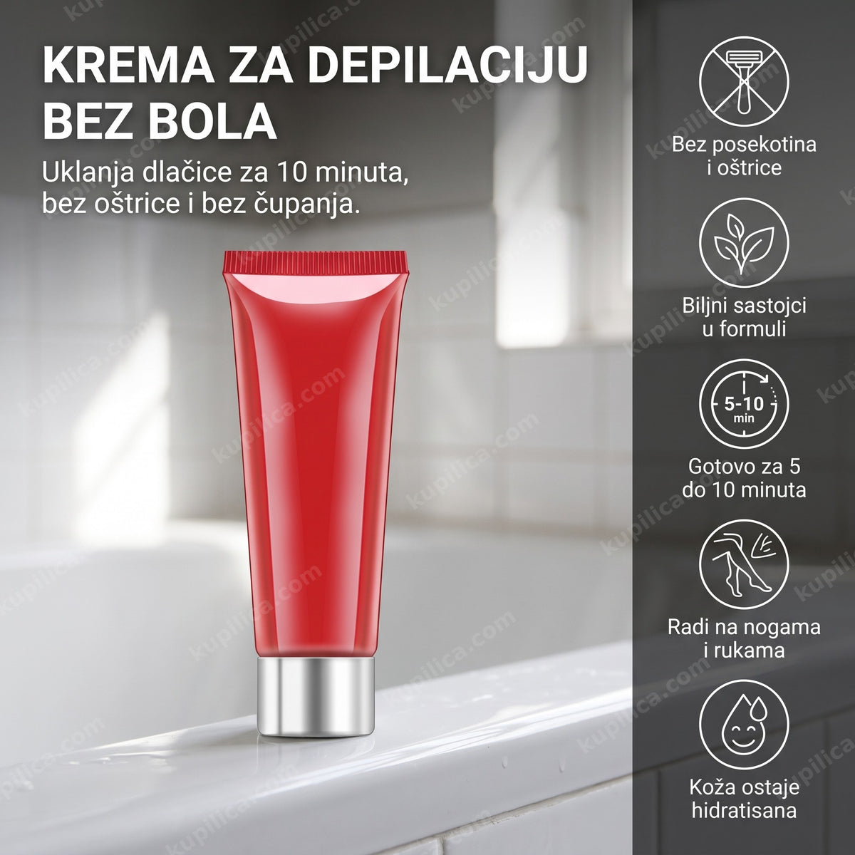 tuba kreme za depilaciju na biljnoj bazi sa praznom etiketom u kupatilu, benefiti proizvoda