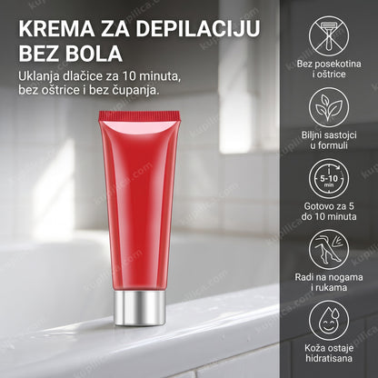tuba kreme za depilaciju na biljnoj bazi sa praznom etiketom u kupatilu, benefiti proizvoda