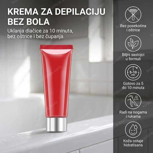 tuba kreme za depilaciju na biljnoj bazi sa praznom etiketom u kupatilu, benefiti proizvoda