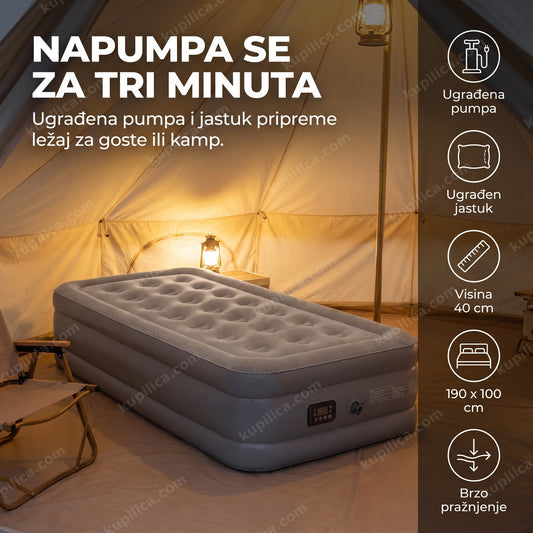 sivi krevet na naduvavanje sa pumpom i jastukom u šatoru za kampovanje