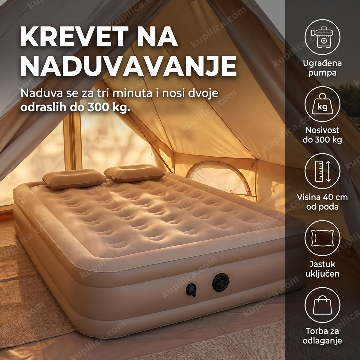 Naduvani krevet za dvoje u šatoru sa vidljivom ugrađenom pumpom