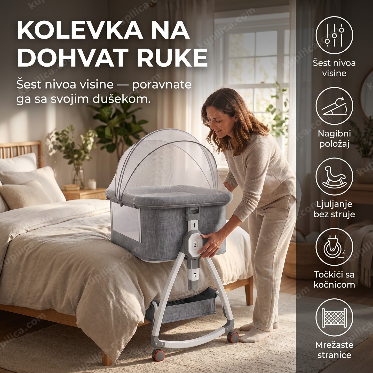 krevetac za bebe 6u1 — roditelj podešava visinu sivog multifunkcionalnog krevetca pored svog kreveta