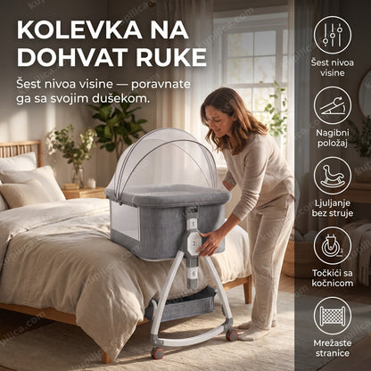 krevetac za bebe 6u1 — roditelj podešava visinu sivog multifunkcionalnog krevetca pored svog kreveta