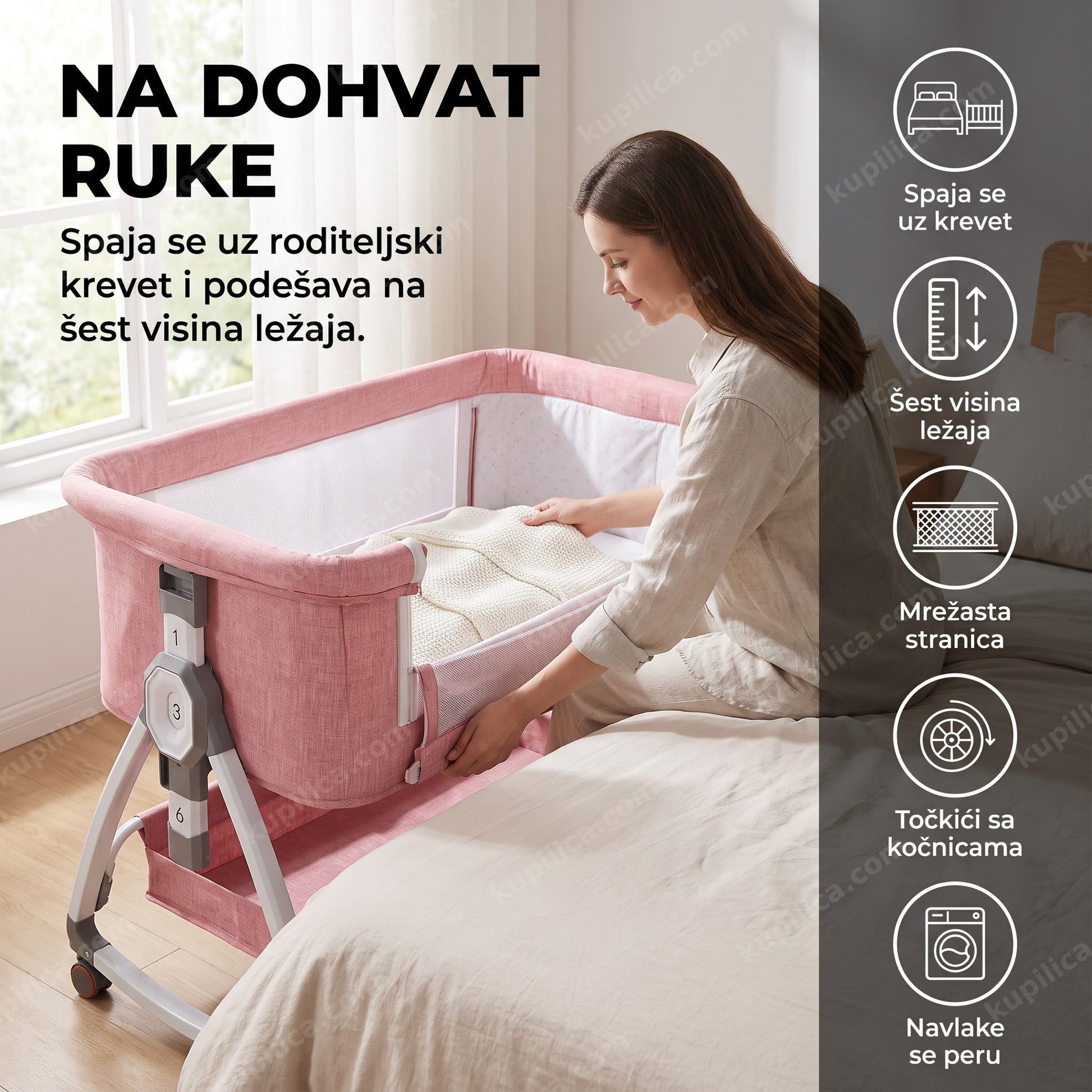 Multifunkcionalni krevetac za bebe 6u1, roze kolevka pored kreveta sa šest visina